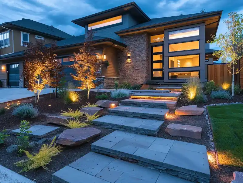 Sân trước với hệ thống chiếu sáng nghệ thuật ( Nguồn: Garden Lighting ) 