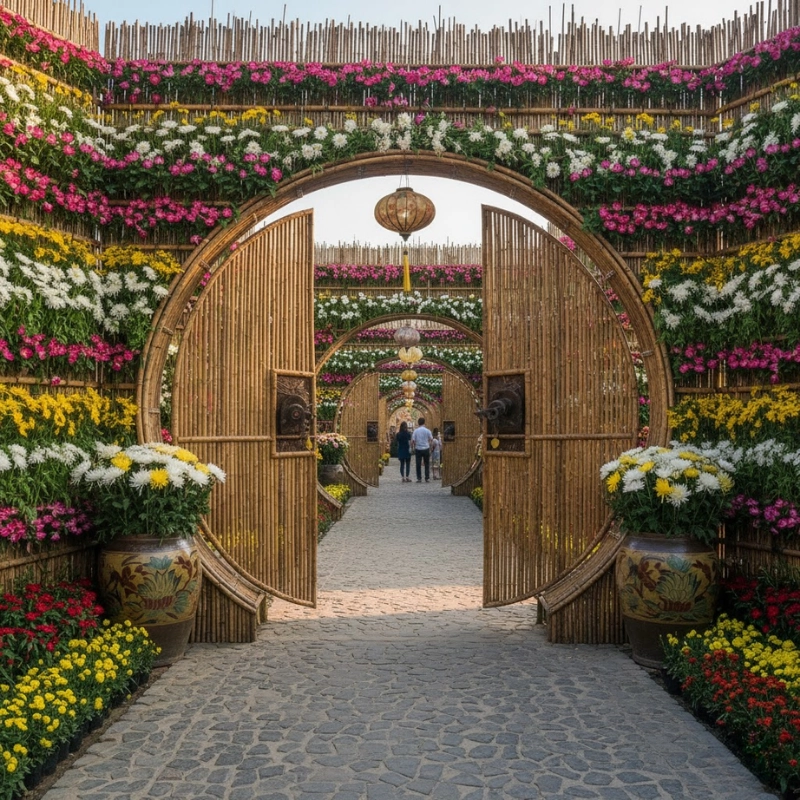 Sử dụng các vật liệu tự nhiên như tre, nứa, gốm sứ kết hợp với hoa tươi (Nguồn: Gemini)