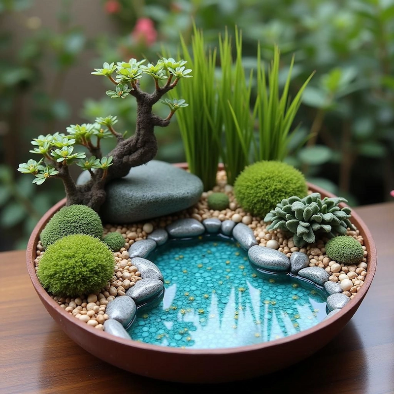 Tiểu cảnh với chậu cây mọng nước lớn