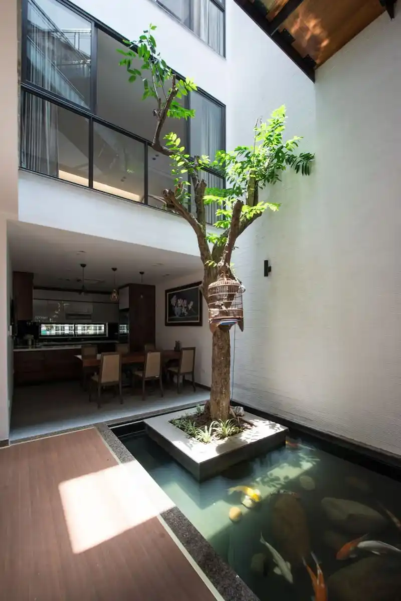 Giếng trời trong nhà phố với cây xanh – không gian bên ngoài như được mở rộng. Cảnh quan nội thất loại này giúp biến ban công, sân thượng thành nơi thư giãn, hữu ích ngay cả trong nội thất (Nguồn: Internet)