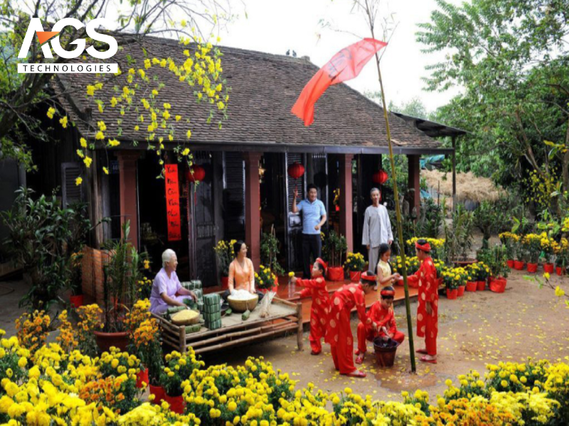 Mẫu 1: Vườn xuân sum vầy – Không gian gia đình ấm cúng