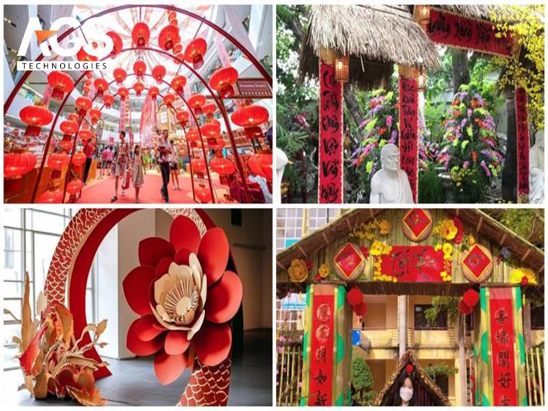 Mẫu cổng chào Tết kết hợp yếu tố thiên nhiên, cảnh quan