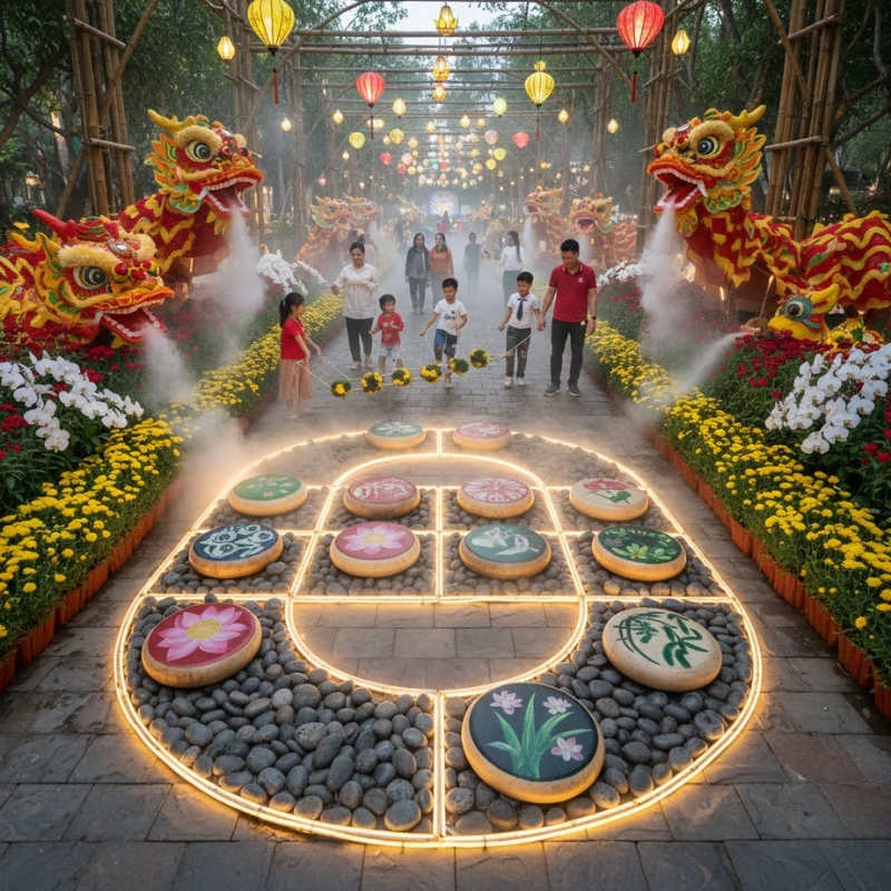 Lồng ghép các trò chơi dân gian vào đường hoa (Nguồn: Gemini)