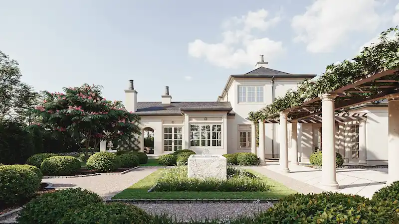Phối cảnh 3D sân vườn theo phong cách homestay hiện đại, hiên rộng, cây xanh tầng lớp và lối đi lát tự nhiên. (Nguồn ảnh: Internet) 