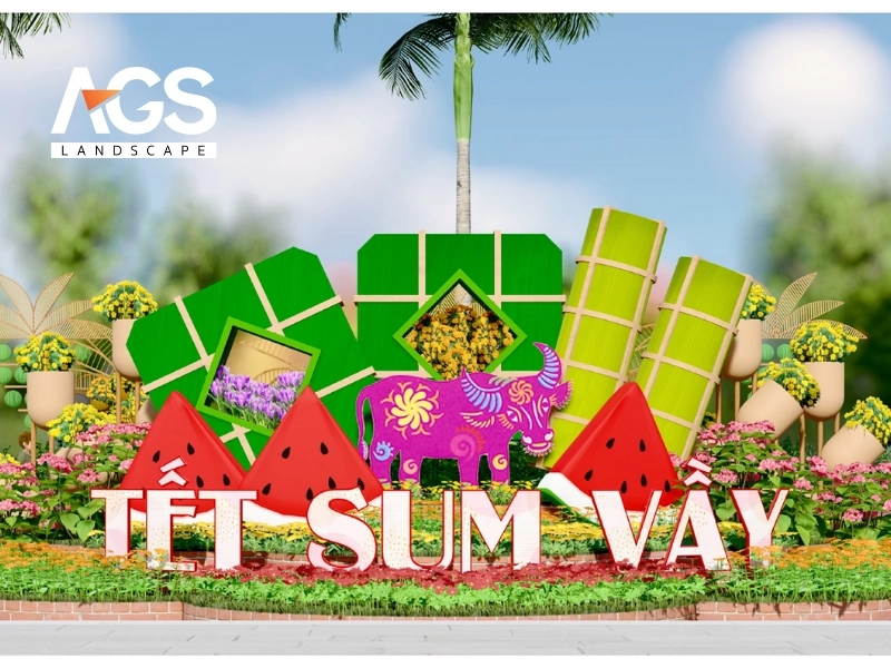 Mẫu 1: Vườn xuân sum vầy – Không gian gia đình ấm cúng