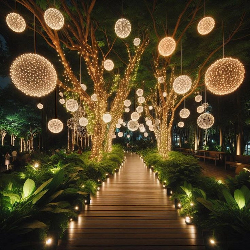 Cây xanh trong khuôn viên được quấn đèn LED (Nguồn: Pinterest) 