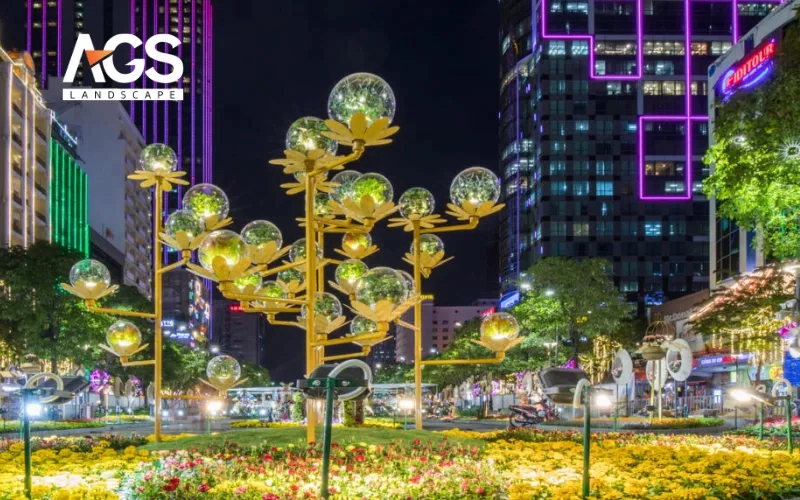 Kết hợp hoa cúc với công nghệ ánh sáng và nghệ thuật sắp đặt (Nguồn: AGS Landscape)