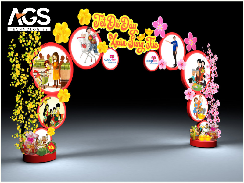 Mẫu cổng chào Tết truyền thống với hoa mai, đào và câu đối đỏ