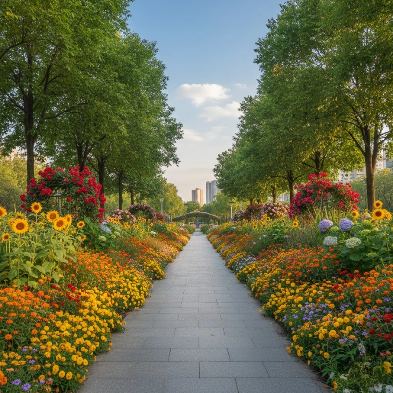 Kỹ thuật tầng tán: Kết hợp hoa bụi thấp, hoa thân cao và cây xanh tạo độ sâu cho cảnh quan (Nguồn: Gemini)