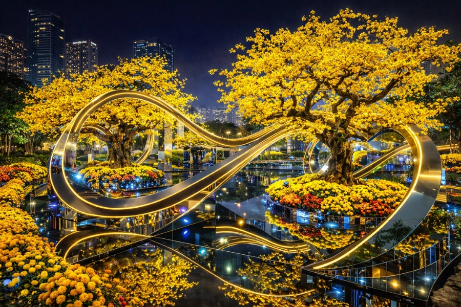 Nghệ Thuật Thiết Kế Đường Hoa Mai Đánh Thức Hồn Tết Việt