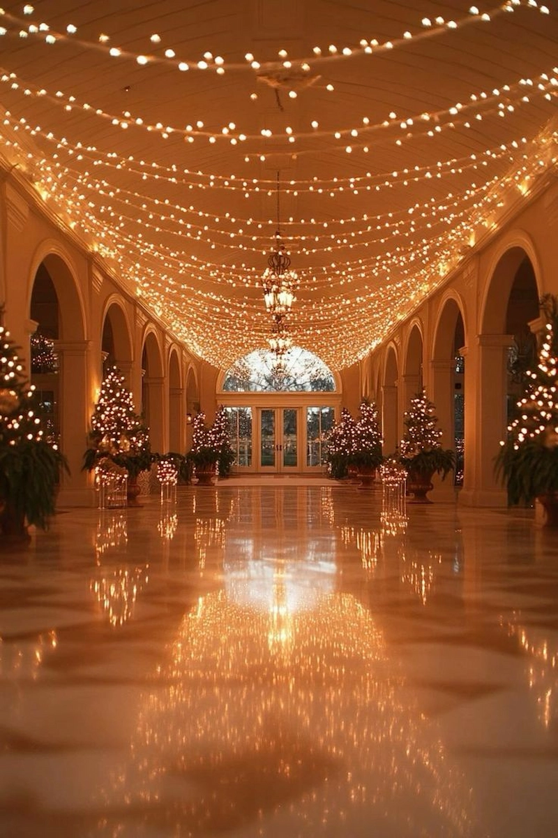 Trần nhà lấp lánh với đèn thả pha lê hoặc dải đèn LED (Nguồn: Pinterest) 