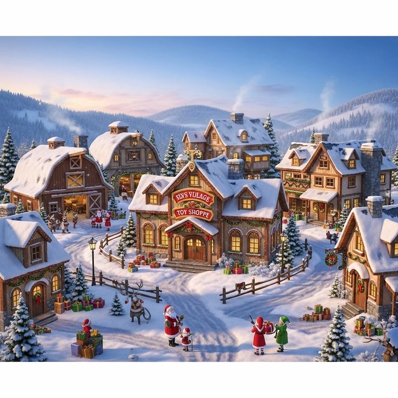 Ngôi làng tuyết trắng cổ điển với nhà thờ nhỏ, cây thông và người tuyết (Nguồn: Pinterest)